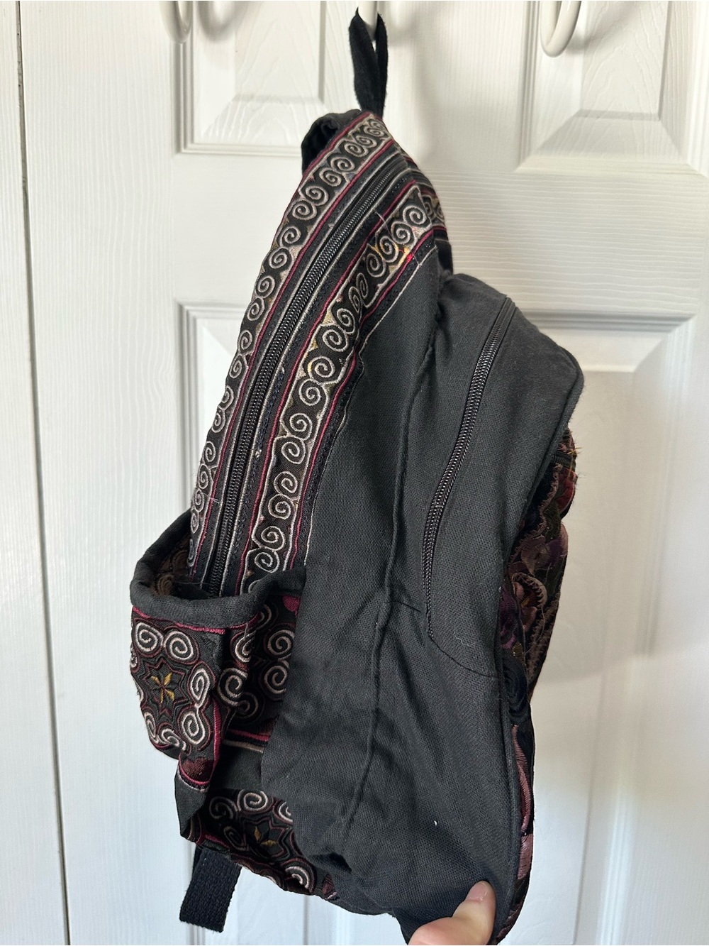 Woven 100% Cotton Backpack: Embroidered Boho Hippie Bag in Black - Picture 3 of 7